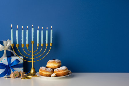 Vibrant Hanukkah setting featuring a gold menorah with lit candles, wrapped gifts, a plate of sufganiyot, and gelt on a white surface against a deep blue wallの写真素材
