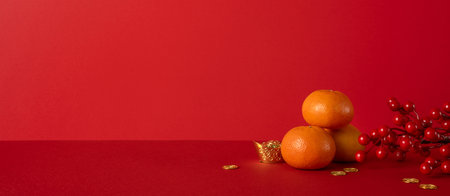 Side view shows red backdrop with oranges stacked and coins scattered, accented by red berries. Festive Chinese New Year mood conveys prosperity, luck, and celebration through warm colorの写真素材