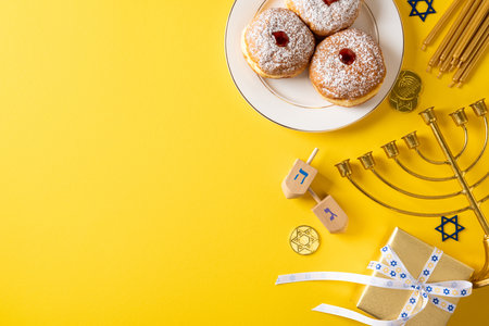 Vibrant Hanukkah scene featuring donuts on a plate, a menorah, a dreidel, and wrapped gifts on a bold yellow backdrop conveying festive spirit and traditionの写真素材