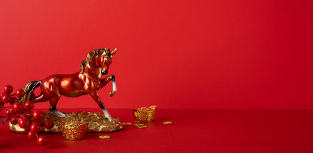 Side view of a red background scene featuring a gleaming horse statue, gold ingots, and coins symbolizing wealth and luck for Chinese New Year celebration and greetingの写真素材