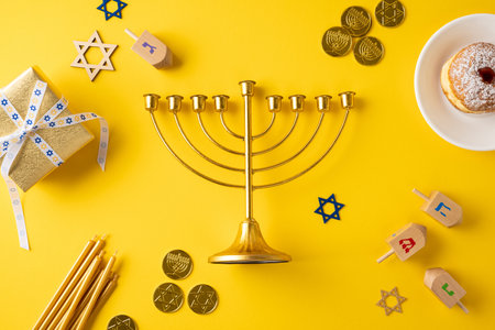 Vibrant Hanukkah setup features a gold menorah, wooden dreidel, gelt coins, wrapped gifts, and a pastry on a yellow background, capturing tradition and festive spirit for holiday stock useの写真素材