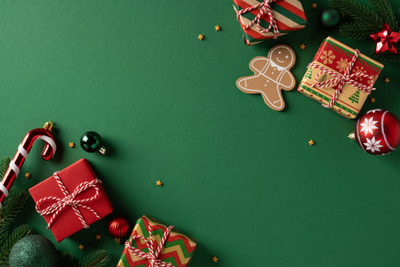 Colorful Christmas and New Year celebration scene featuring wrapped gifts, candy canes, a...