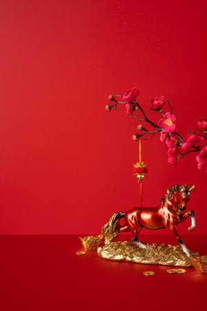 Side vertical view featuring a red backdrop with a gold horse statue, scattered coins and plum blossoms, symbolizing luck and prosperity for Chinese New Year celebrationの写真素材