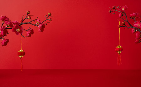Side view of festive Chinese New Year scene featuring red wall, blossoms, and golden lanterns signaling celebration and prosperityの写真素材