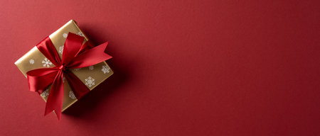 A gold wrapped gift box with a red bow rests on a deep red banner background, conveying festive mood, warmth, and celebration for Christmas and New Yearの写真素材