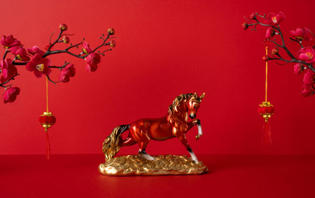 Side view of a golden horse figurine on a gold base against a red backdrop with blooming blossoms and hanging ornaments, conveying Chinese New Year celebration and prosperity greeting for good luck and successの写真素材