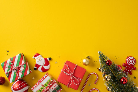 Vibrant scene with wrapped presents, a Santa figure, candy canes, baubles, and a small Christmas tree against a sunny yellow backdrop, signaling festive holiday and New Year celebrationの写真素材