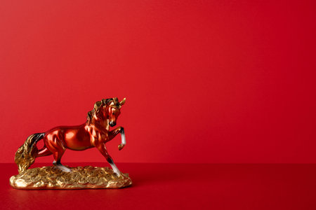 Side view of a gleaming gold horse statue on a red surface, symbolizing fortune and speed. A festive Chinese New Year mood with luck, prosperity and greetingの写真素材