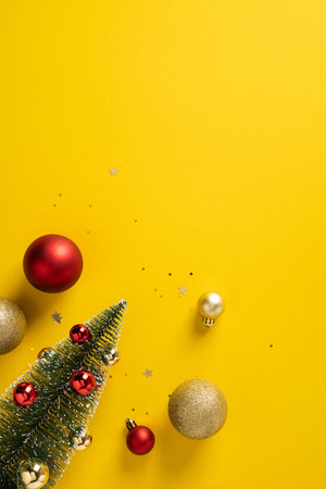 Bright vertical yellow background features a small evergreen Christmas tree adorned with red and gold ornaments, creating a cheerful seasonal scene perfect for holiday campaigns and New Year greetingsの写真素材