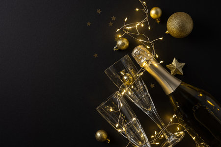 A festive scene with a champagne bottle pouring into crystal flutes, twinkling string lights, and gold ornaments suggesting Christmas and New Year celebration and greetingの写真素材