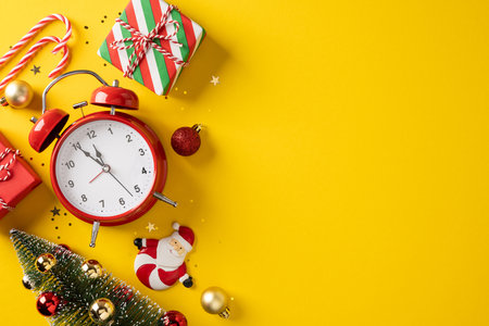 Vibrant holiday scene with a red alarm clock, wrapped gifts, Santa, a Christmas tree, ornaments, and gold accents against a bright yellow backdrop, conveying countdown, joy, and festive spiritの写真素材