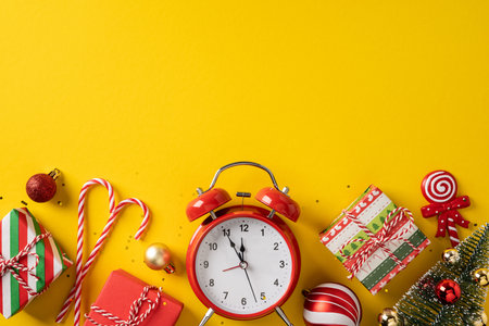Bright Christmas scene with gifts, candy canes, a red alarm clock, ornaments and a small Christmas tree set against a yellow background, conveying celebration, joy and holiday greetings for the season.の写真素材