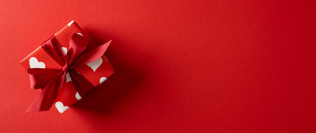 A red gift box tied with a satin ribbon sits on a bold banner red background, conveying romance,...
