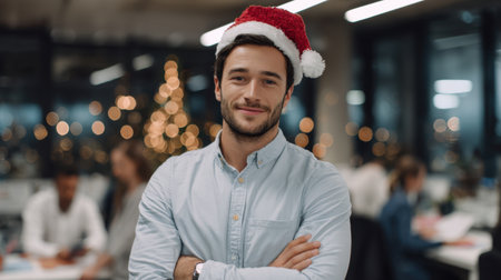 A confident man wearing a Santa hat stands with arms crossed in a busy office during a Christmas celebration. Warm lights and a blurred tree create a festive atmosphere. Generated A.I.の素材