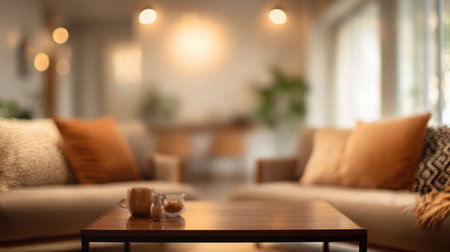 A cozy living room scene with a wooden coffee table, warm lighting, and plush cushions creating a relaxed, inviting atmosphere. Soft textures and neutral tones. Generated A.I.の素材