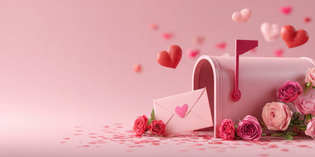 A soft pink Valentine scene with a pink mailbox, envelope with a heart seal, and a bed of roses with scattered petals, evoking love, romance, and gift surprise. Generated A.I.の素材