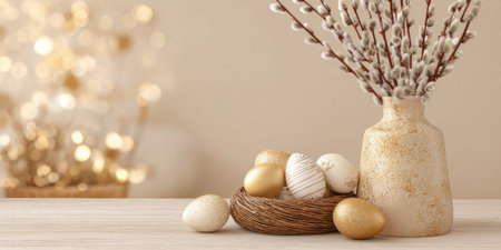 Soft beige still life featuring a woven basket of decorative eggs and a speckled ceramic vase with fluffy pussy willow branches. Generated A.I.の素材