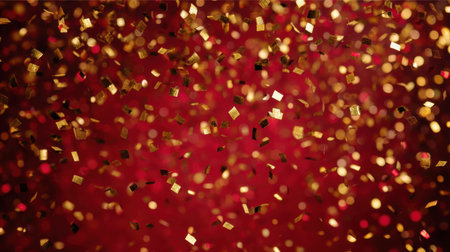 Golden confetti floats against a deep red background creating a vibrant festive mood, perfect for holiday events, parties, and celebration themes. Generated A.I.の素材