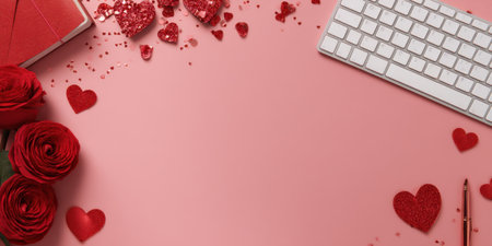 Pink themed desk scene featuring red roses, glittery hearts, a gift box, and a keyboard, conveying love, romance, celebration, and warmth for Valentine. Generated A.I.の素材
