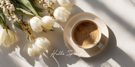 A calming spring still life featuring a coffee cup on a beige saucer beside a bouquet of white tulips, bathed in warm morning light, evoking peaceful, fresh ambiance. Generated A.I.の素材