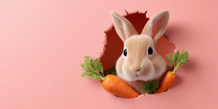 A cute bunny peeks through a torn pink background, holding bright carrots and greenery, creating a playful spring scene ideal for Easter, farm, or kids campaigns. Generated A.I.の素材