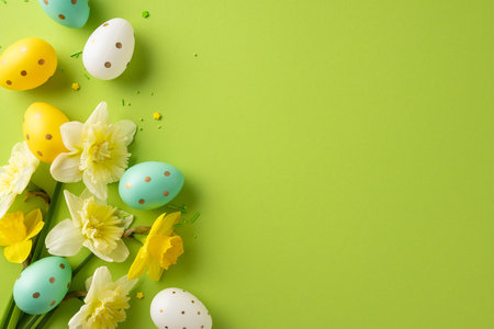 Bright pastel eggs and fresh daffodils arranged on a lime green backdrop capture a cheerful Easter...