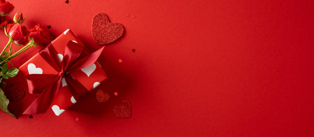 A romantic Valentine scene featuring a red gift box with white hearts, a satin bow, roses, and...