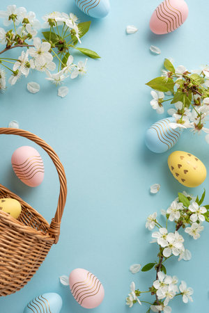 Pastel vertical Easter eggs sit in a woven basket among white blossoms and petals on a soft blue...