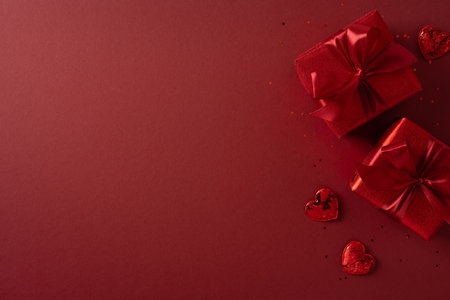 Vivid red backdrop wrapped features gifts and heart shapes, conveying romance, love, and a festive...