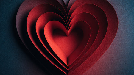 Layered red paper forms create a heart shape with soft shadows and depth, blending craft and art to convey romance and warmth for Valentine inspired projects. Generated A.I.の素材