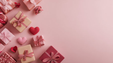 A tray of gift boxes in pink tones, wrapped with striped ribbons, scattered hearts and a warm romantic mood. Perfect for Valentine campaigns, gifts, and love themed celebrations. Generated A.I.の素材