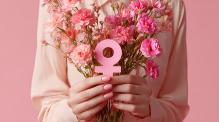 A woman holds a bouquet of pink flowers with a pink female symbol, set against a warm pink backdrop, conveying femininity, love, beauty, and empowerment. Generated A.I.の素材