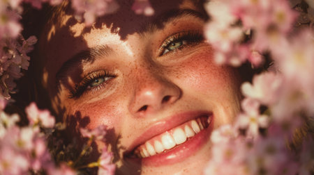 Close up portrait of a freckled woman framed by pink blossoms with warm lighting Radiant skin green eyes and a joyful expression convey natural beauty and serenity in a sunny garden. Generated A.I.の素材