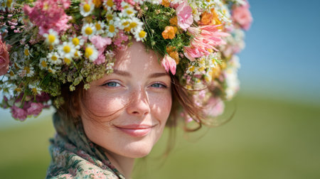 Vibrant close up of a woman with freckles and blue eyes wearing a colorful flower crown in a sunny meadow, conveying natural beauty and tranquil springtime mood. Generated A.I.の素材