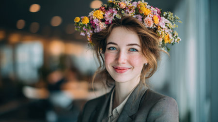 A young woman wearing a colorful flower crown and a gray blazer stands in a softly lit indoor space, exuding calm confidence and artistic style. Generated A.I.の素材