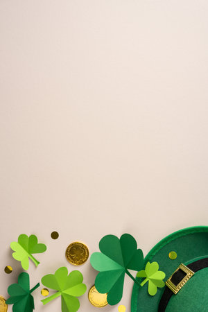 Lively vertical St Patrick's Day scene featuring shamrock decorations, gold coins, and a green hat...