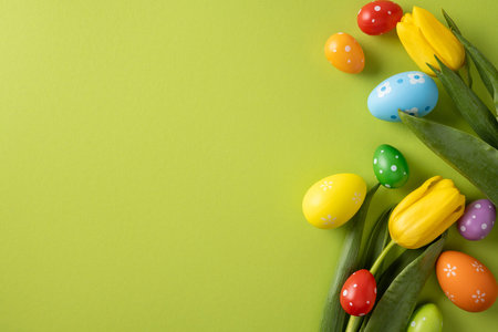 Vibrant Easter scene features painted eggs and fresh tulips on a lime backdrop, conveying spring warmth, renewal, and holiday greetingの写真素材