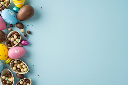 Colorful Happy Easter greeting featuring pastel decorated eggs, chocolate candy, sprinkle confetti...