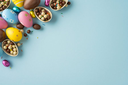 Happy Easter greeting scene with pastel painted eggs, chocolate candies, foil eggs and sprinkles...