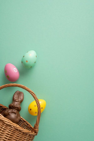 Happy Easter vertical celebration greeting featuring a chocolate bunny in a wicker basket with pastel painted eggs on a soft green background creating a festive spring moodの写真素材