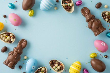 Happy Easter greeting scene with chocolate bunny, decorated egg, candy and pastel accents arranged...