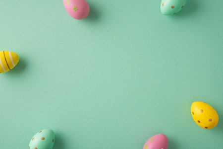 Happy Easter celebration and greeting featuring pastel decorated eggs arranged around a mint green...