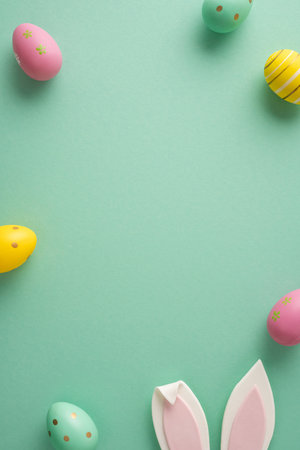Happy vertical Easter greeting concept featuring pastel decorated eggs and bunny ears arranged as a...