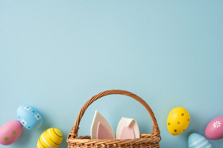 Happy Easter celebration featuring a woven basket with bunny ear and decorated egg on a soft pastel...