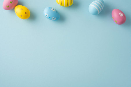 Happy Easter greeting featuring pastel decorated eggs arranged along a soft blue background ideal...
