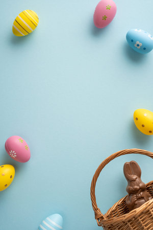 A vertical Happy Easter greeting scene featuring pastel decorated eggs arranged around a wicker...