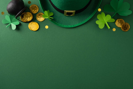 Festive St. Patrick's Day flatlay featuring a green leprechaun hat, paper shamrock, gold coin,...