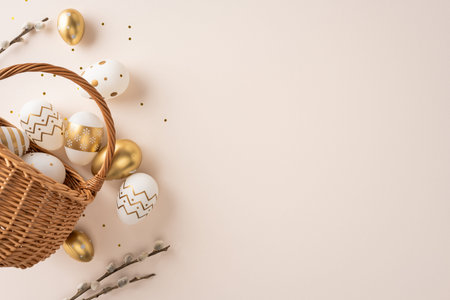 Happy Easter celebration and greeting featuring gold and white decorated eggs in a wicker basket with willow branches and scattered confetti, an elegant spring holiday backgroundの写真素材