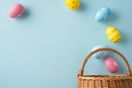 Happy Easter greeting featuring decorated pastel eggs spilling from a wicker basket onto a soft blue...
