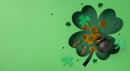Bright St. Patrick's Day greeting featuring a shamrock paper cutout, pot of gold, coins and...